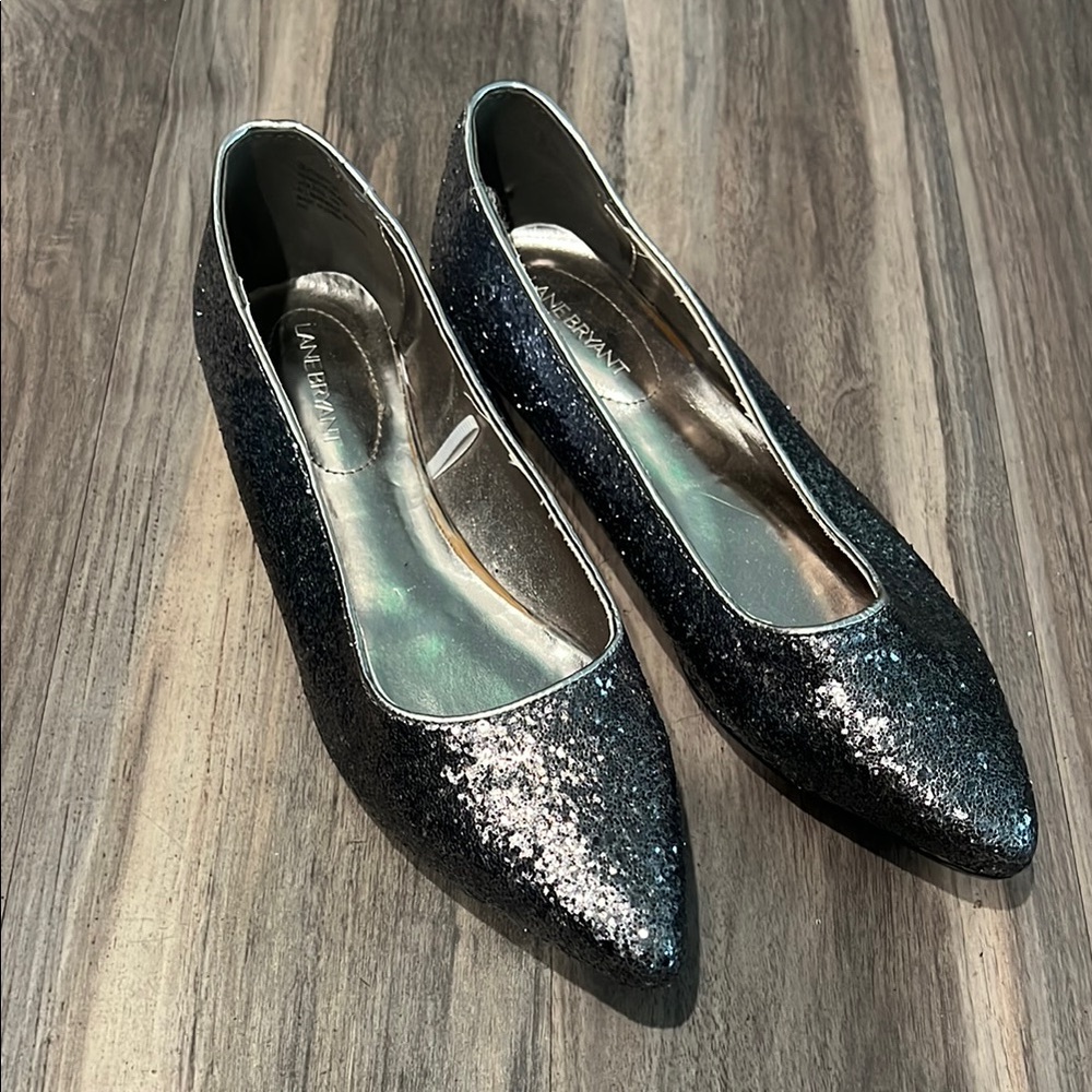 Lane Bryant 10w Glitter Pointed Toe Ballet Flats Silver Gunmetal Metallic NWT